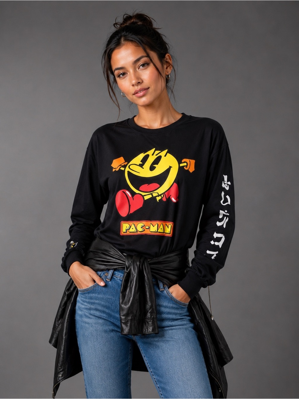 Pac-Man Black Long Sleeve Graphic Tee with Kanji & Ghost Sleeves